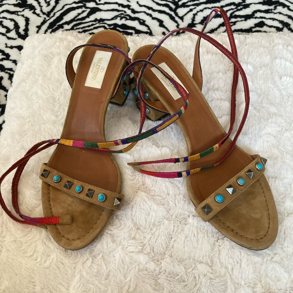Valentino Garavani brown rock stud multi color strap sandals